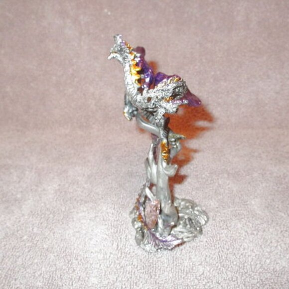 Pewter Dragon Iridescent 2 Headed Serpent Heart Crystal Winged Fantasy Figurine - Picture 6 of 11